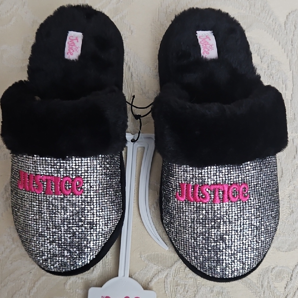 Justice Silver and Black Slippers with Pink Logo